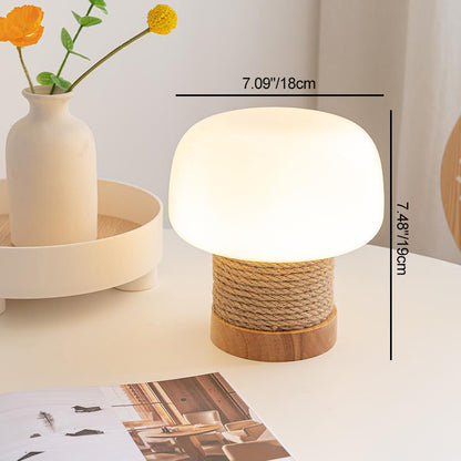 Traditional Japanese Mushroom Glass Lampshade Hemp Rope Weaving Round Oak Base LED Table Lamp For Living Room