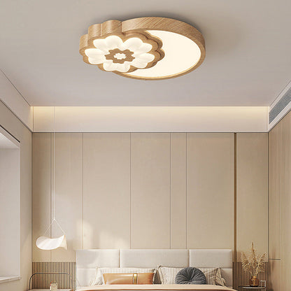 Contemporary Nordic Square Round Flower Rubber Wood PE LED Flush Mount Ceiling Light For Bedroom