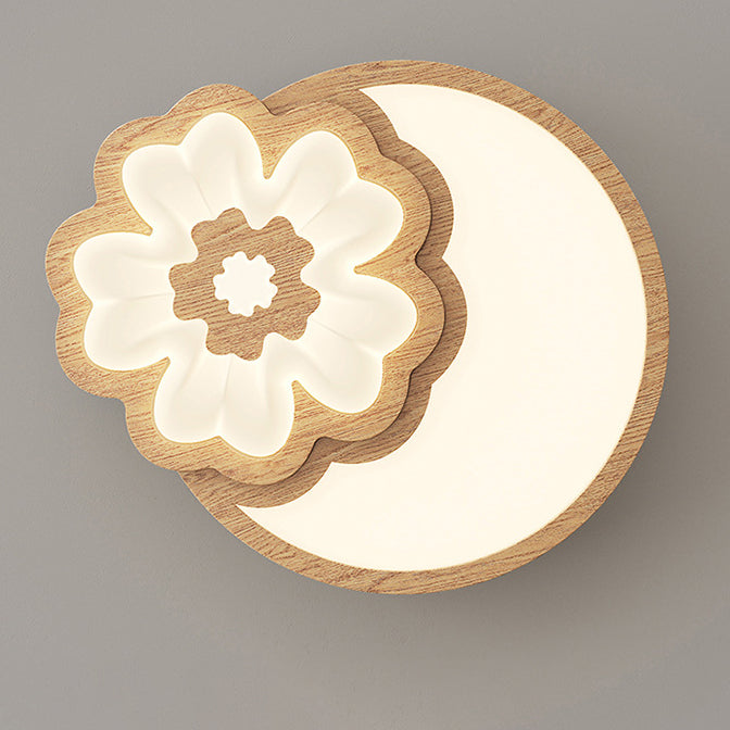 Contemporary Nordic Square Round Flower Rubber Wood PE LED Flush Mount Ceiling Light For Bedroom