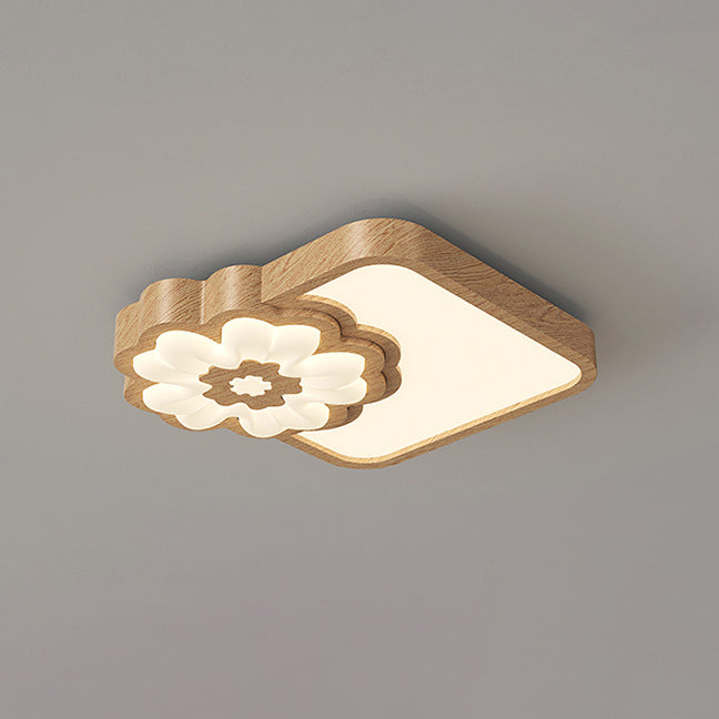 Contemporary Nordic Square Round Flower Rubber Wood PE LED Flush Mount Ceiling Light For Bedroom