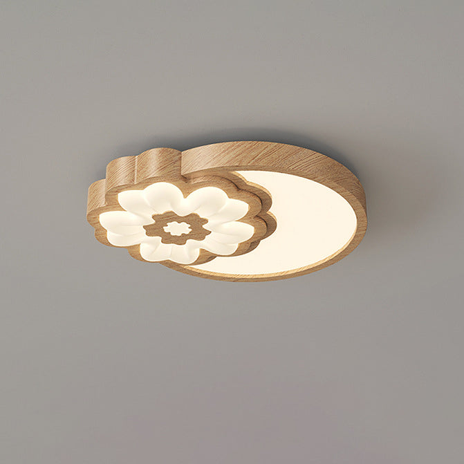 Contemporary Nordic Square Round Flower Rubber Wood PE LED Flush Mount Ceiling Light For Bedroom