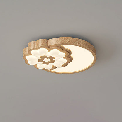Contemporary Nordic Square Round Flower Rubber Wood PE LED Flush Mount Ceiling Light For Bedroom