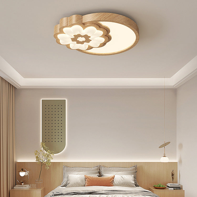 Contemporary Nordic Square Round Flower Rubber Wood PE LED Flush Mount Ceiling Light For Bedroom