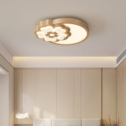 Contemporary Nordic Square Round Flower Rubber Wood PE LED Flush Mount Ceiling Light For Bedroom