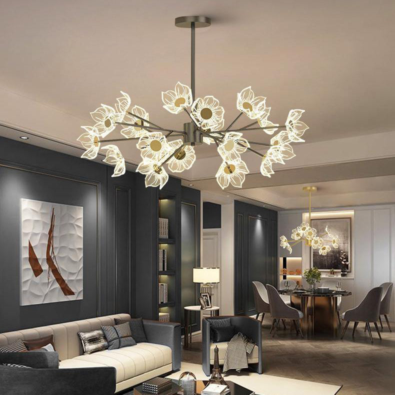 Contemporary Nordic Dome Flower Branch Rod Iron Acrylic LED Chandeliers For Dining Room