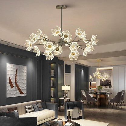 Contemporary Nordic Dome Flower Branch Rod Iron Acrylic LED Chandeliers For Dining Room