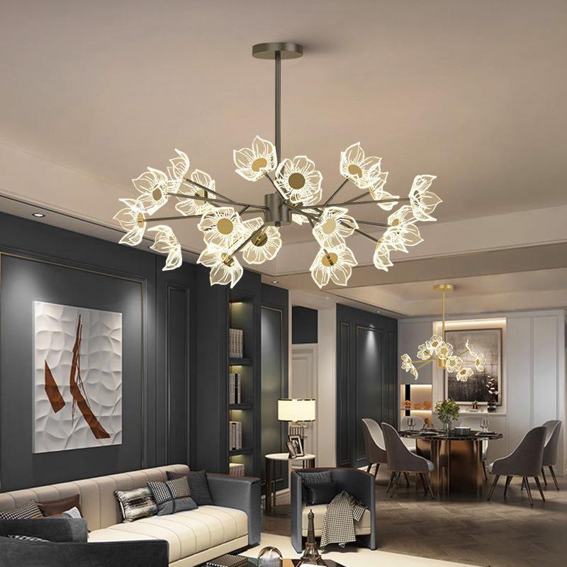 Contemporary Nordic Dome Flower Branch Rod Iron Acrylic LED Chandeliers For Dining Room