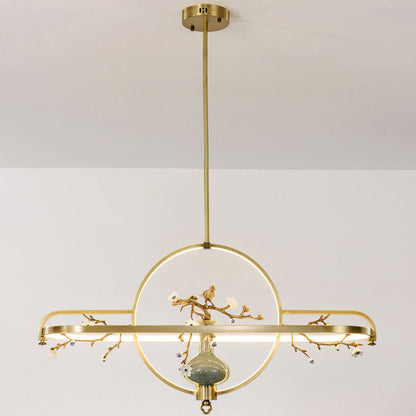 Traditional Chinese Dome Round Magnolia Plum Blossom Ceramic Vase Copper Silicone LED Chandeliers For Dining Room