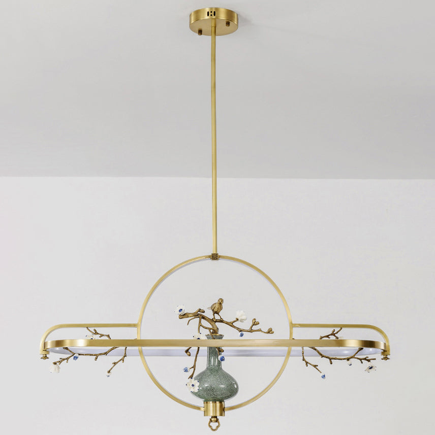 Traditional Chinese Dome Round Magnolia Plum Blossom Ceramic Vase Copper Silicone LED Chandeliers For Dining Room