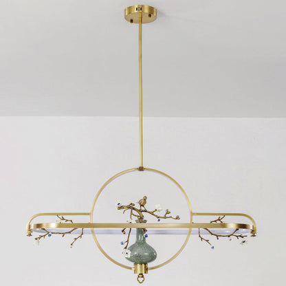 Traditional Chinese Dome Round Magnolia Plum Blossom Ceramic Vase Copper Silicone LED Chandeliers For Dining Room