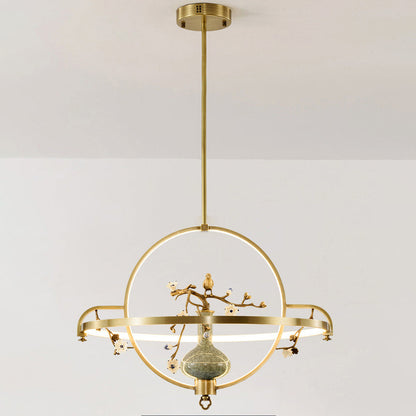 Traditional Chinese Dome Round Magnolia Plum Blossom Ceramic Vase Copper Silicone LED Chandeliers For Dining Room