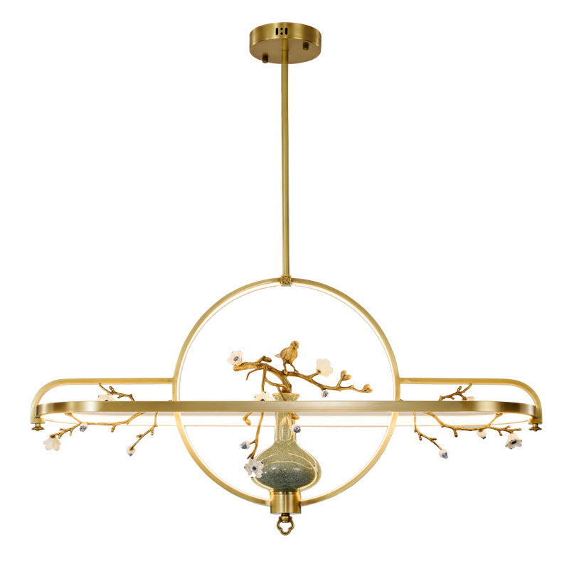Traditional Chinese Dome Round Magnolia Plum Blossom Ceramic Vase Copper Silicone LED Chandeliers For Dining Room