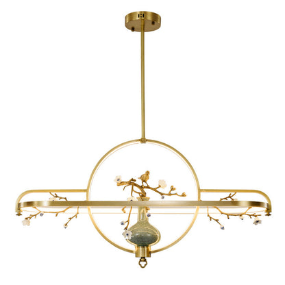 Traditional Chinese Dome Round Magnolia Plum Blossom Ceramic Vase Copper Silicone LED Chandeliers For Dining Room