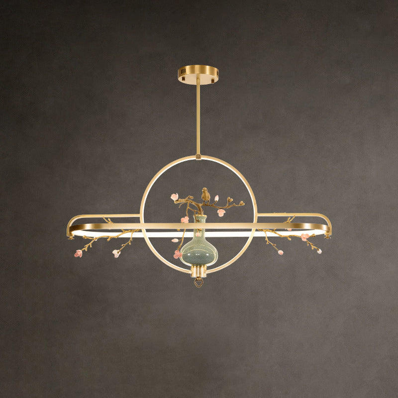 Traditional Chinese Dome Round Magnolia Plum Blossom Ceramic Vase Copper Silicone LED Chandeliers For Dining Room