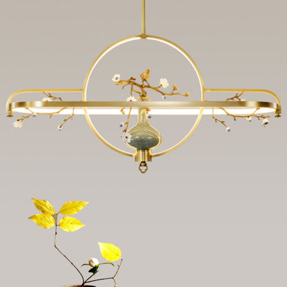 Traditional Chinese Dome Round Magnolia Plum Blossom Ceramic Vase Copper Silicone LED Chandeliers For Dining Room