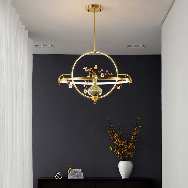 Traditional Chinese Dome Round Magnolia Plum Blossom Ceramic Vase Copper Silicone LED Chandeliers For Dining Room
