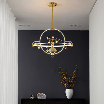 Traditional Chinese Dome Round Magnolia Plum Blossom Ceramic Vase Copper Silicone LED Chandeliers For Dining Room