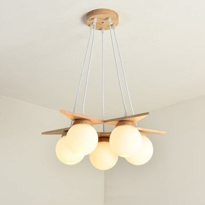 Contemporary Nordic Dome Orbs Rubber Wood Glass 3/5 - Light Chandelier For Dining Room