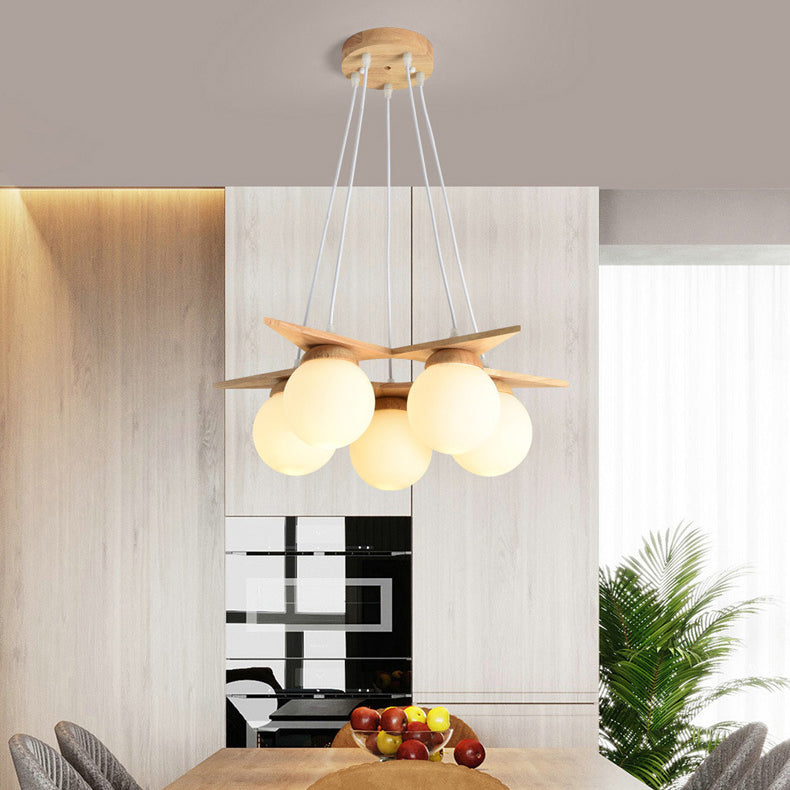 Contemporary Nordic Dome Orbs Rubber Wood Glass 3/5 - Light Chandelier For Dining Room