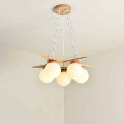 Contemporary Nordic Dome Orbs Rubber Wood Glass 3/5 - Light Chandelier For Dining Room
