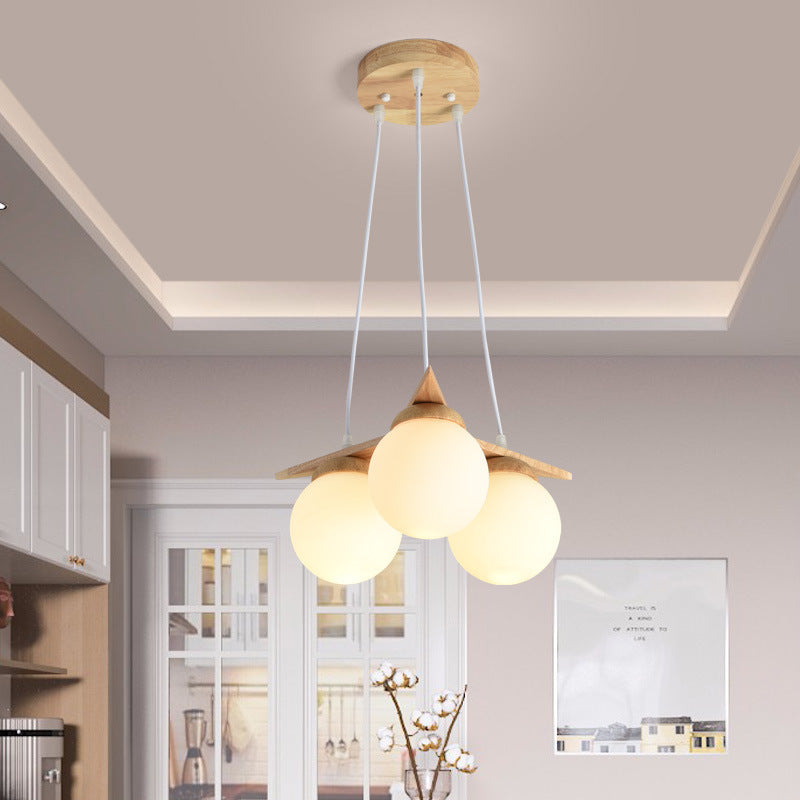 Contemporary Nordic Dome Orbs Rubber Wood Glass 3/5 - Light Chandelier For Dining Room