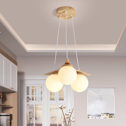 Contemporary Nordic Dome Orbs Rubber Wood Glass 3/5 - Light Chandelier For Dining Room