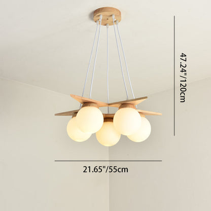 Contemporary Nordic Dome Orbs Rubber Wood Glass 3/5 - Light Chandelier For Dining Room