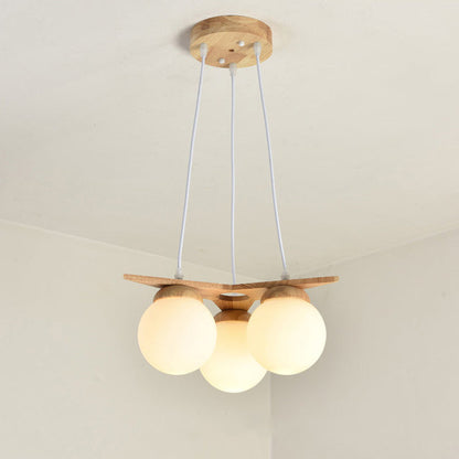 Contemporary Nordic Dome Orbs Rubber Wood Glass 3/5 - Light Chandelier For Dining Room