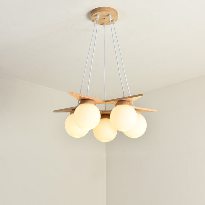 Contemporary Nordic Dome Orbs Rubber Wood Glass 3/5 - Light Chandelier For Dining Room