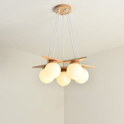 Contemporary Nordic Dome Orbs Rubber Wood Glass 3/5 - Light Chandelier For Dining Room