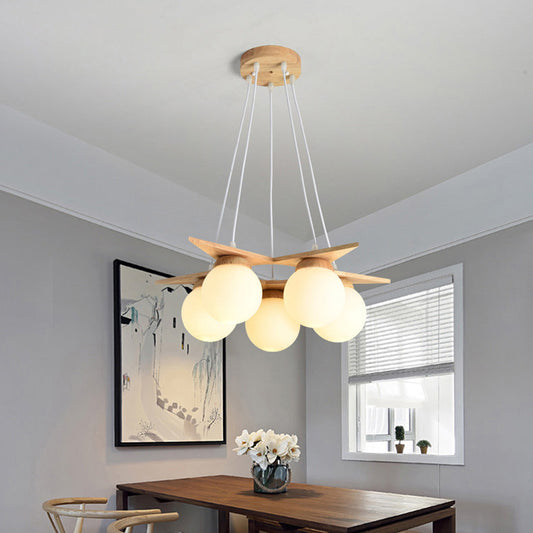 Contemporary Nordic Dome Orbs Rubber Wood Glass 3/5 - Light Chandelier For Dining Room