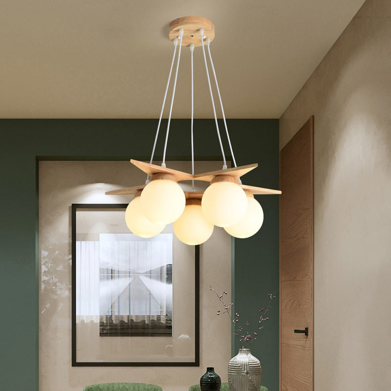 Contemporary Nordic Dome Orbs Rubber Wood Glass 3/5 - Light Chandelier For Dining Room