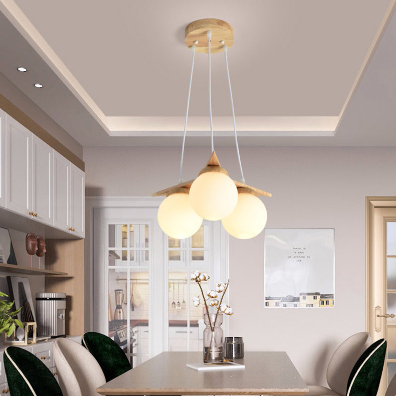 Contemporary Nordic Dome Orbs Rubber Wood Glass 3/5 - Light Chandelier For Dining Room