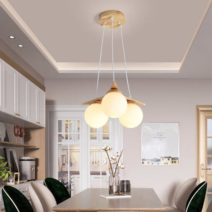 Contemporary Nordic Dome Orbs Rubber Wood Glass 3/5 - Light Chandelier For Dining Room