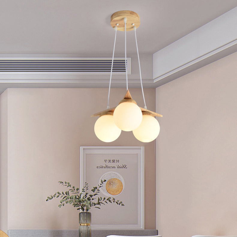 Contemporary Nordic Dome Orbs Rubber Wood Glass 3/5 - Light Chandelier For Dining Room