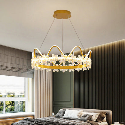 Contemporary Nordic Round Crown Flowers Aluminum Crystal LED Chandeliers For Dining Room