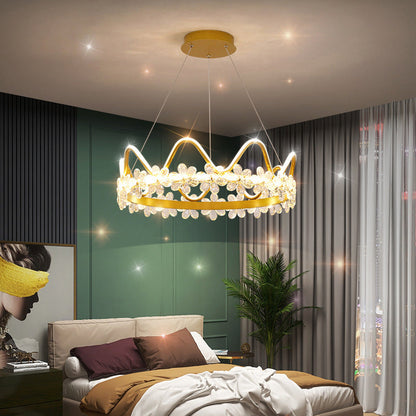 Contemporary Nordic Round Crown Flowers Aluminum Crystal LED Chandeliers For Dining Room
