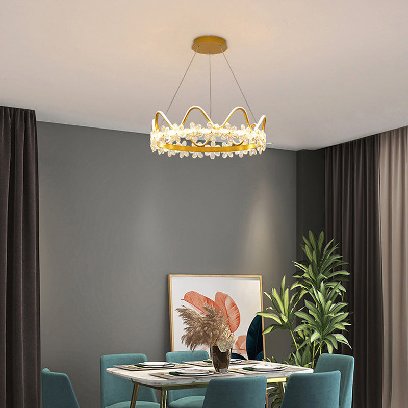 Contemporary Nordic Round Crown Flowers Aluminum Crystal LED Chandeliers For Dining Room