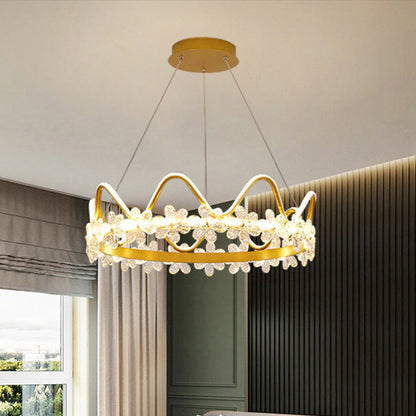 Contemporary Nordic Round Crown Flowers Aluminum Crystal LED Chandeliers For Dining Room