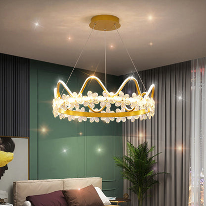 Contemporary Nordic Round Crown Flowers Aluminum Crystal LED Chandeliers For Dining Room