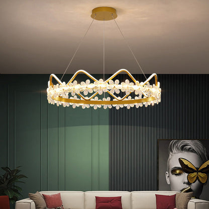 Contemporary Nordic Round Crown Flowers Aluminum Crystal LED Chandeliers For Dining Room