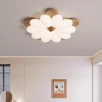 Contemporary Nordic Flowers Solid Wood PE LED Flush Mount Ceiling Light For Bedroom