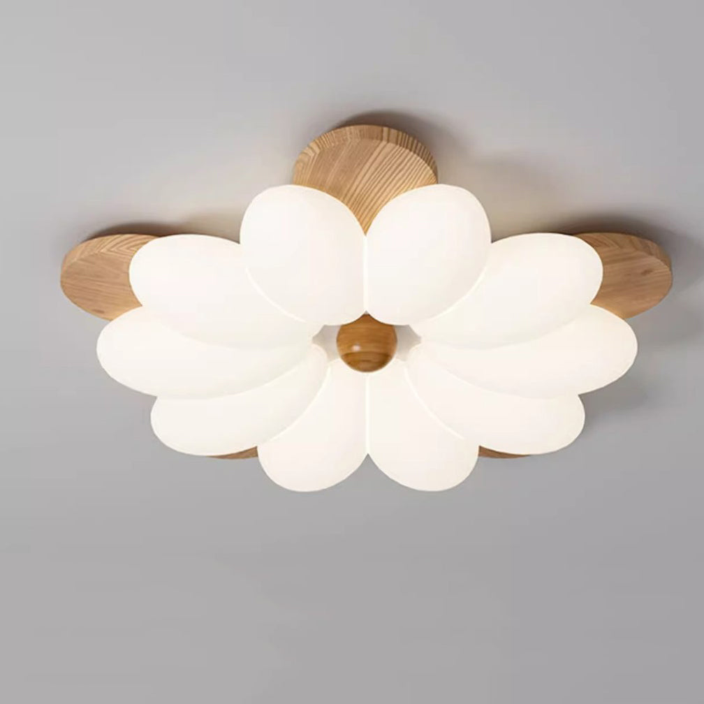 Contemporary Nordic Flowers Solid Wood PE LED Flush Mount Ceiling Light For Bedroom