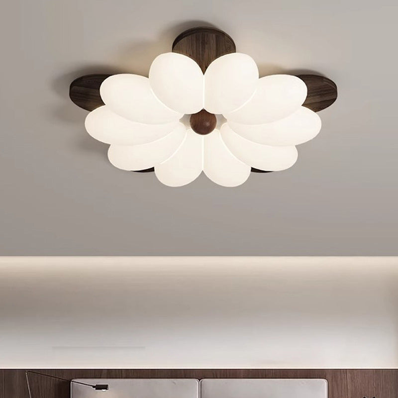 Contemporary Nordic Flowers Solid Wood PE LED Flush Mount Ceiling Light For Bedroom