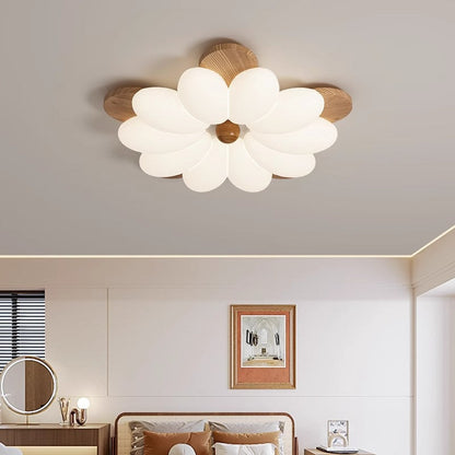 Contemporary Nordic Flowers Solid Wood PE LED Flush Mount Ceiling Light For Bedroom
