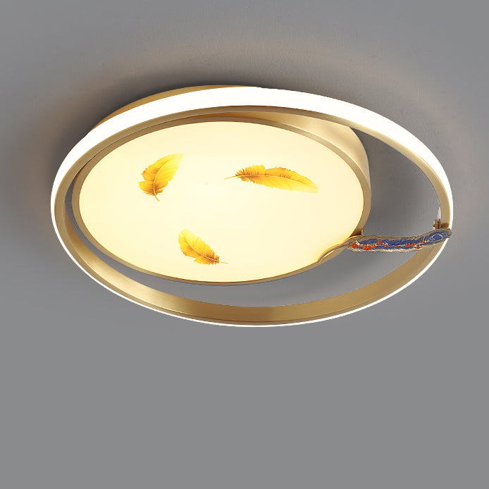 Traditional Chinese Round Feathers Magpie Lotus Fan Acrylic Copper LED Flush Mount Ceiling Light For Bedroom