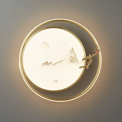 Traditional Chinese Round Feathers Magpie Lotus Fan Acrylic Copper LED Flush Mount Ceiling Light For Bedroom
