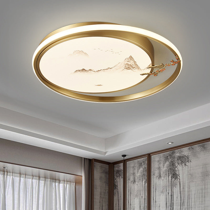 Traditional Chinese Round Feathers Magpie Lotus Fan Acrylic Copper LED Flush Mount Ceiling Light For Bedroom