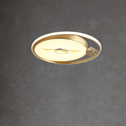 Traditional Chinese Round Feathers Magpie Lotus Fan Acrylic Copper LED Flush Mount Ceiling Light For Bedroom
