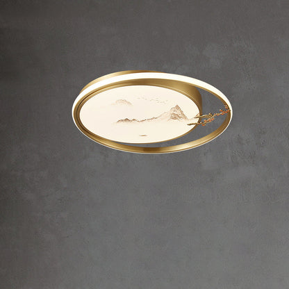 Traditional Chinese Round Feathers Magpie Lotus Fan Acrylic Copper LED Flush Mount Ceiling Light For Bedroom